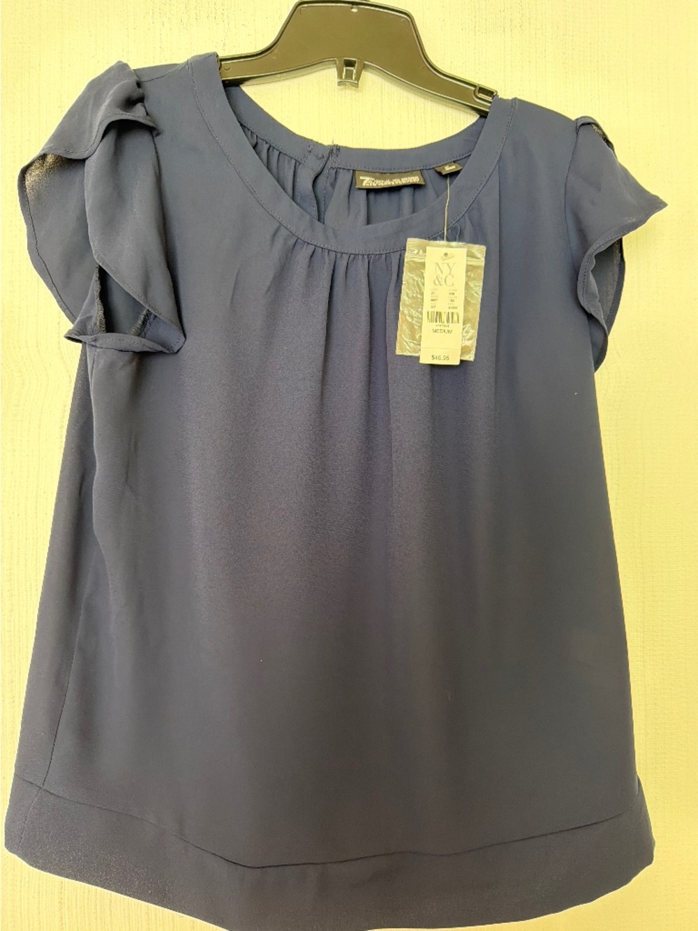 New York & Company 7th Avenue Navy Ruffle Sleeve Blouse – Size Medium – NWT